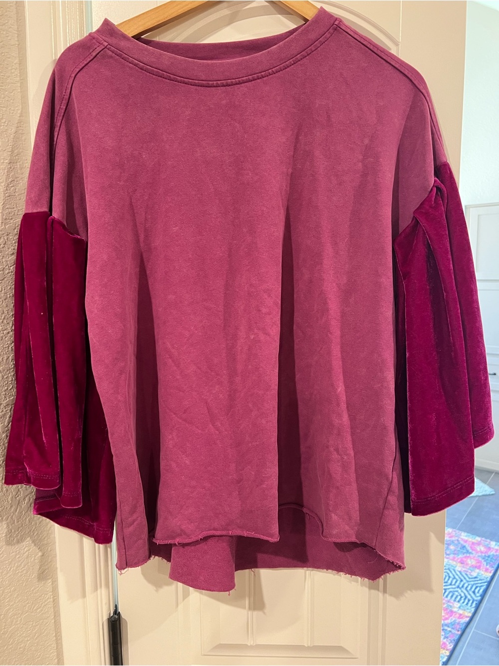 Umgee Two-Tone Rose Pink Pullover with Velvet Sleeves